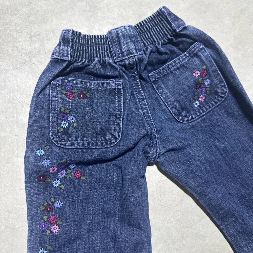 Vintage Oshkosh Toddler Girls Jean Flare Embroidered Flower Pants SZ 2T